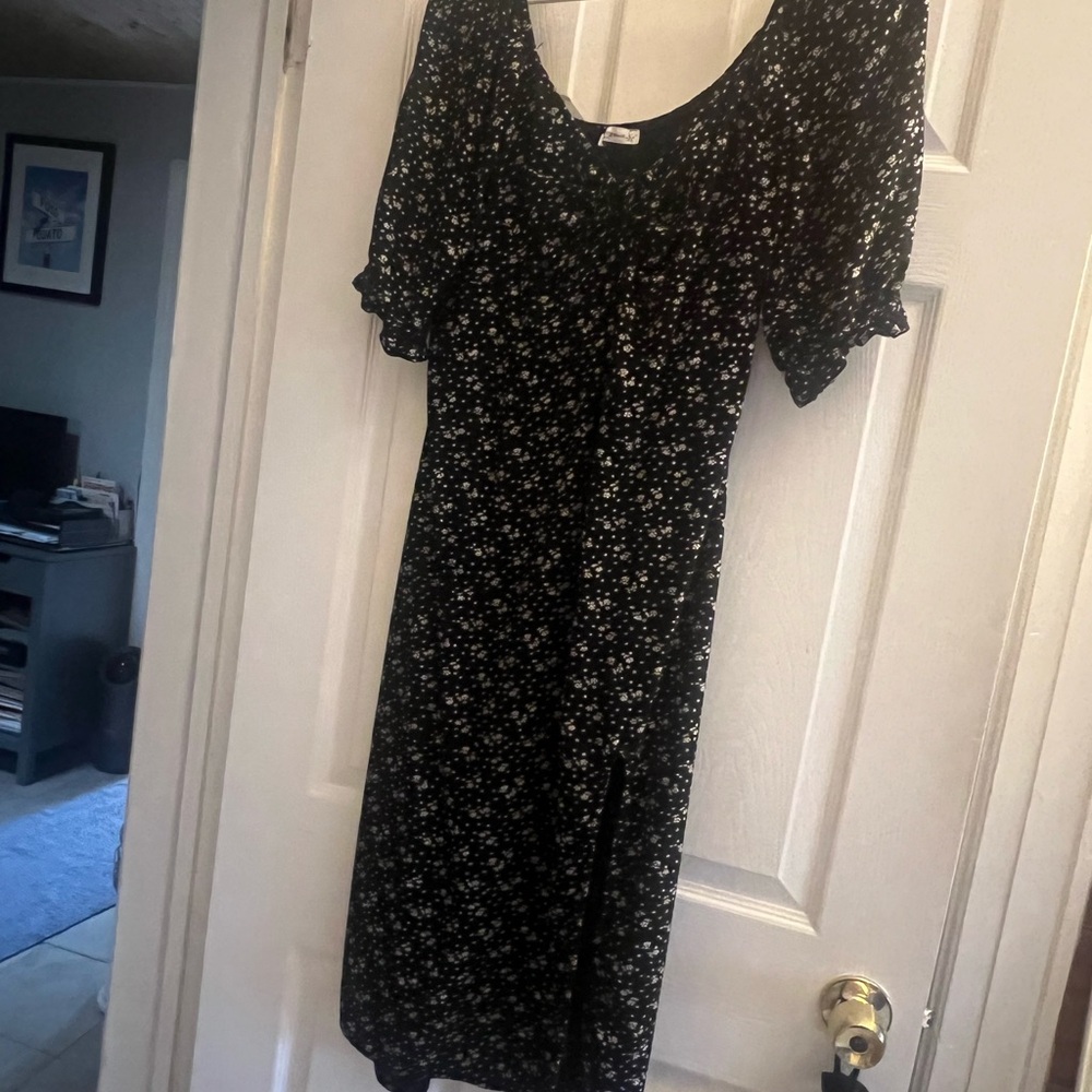 Hollister Black Midi Dress with White Floral Print
